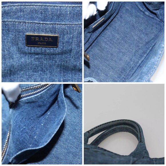 PRADA Canapa PM Hand Bag Denim Blue Gold Auth - Picture 14 of 15